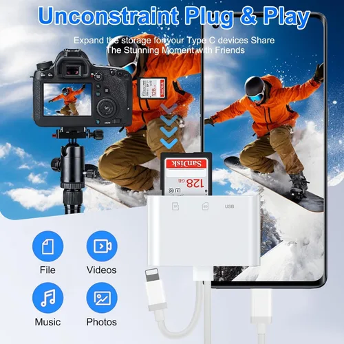 Vista 5 de Lector de tarjetas SD para iPhone, iPad, adaptador de tarjeta SD USB C Lightning de doble puerto, lector de tarjetas de memoria para adaptador