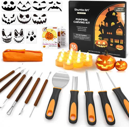 Shuttle Art Kit de 35 piezas de tallado de calabaza de Halloween, 11 herramientas profesionales de tallado de calabaza de acero inoxidable con 10