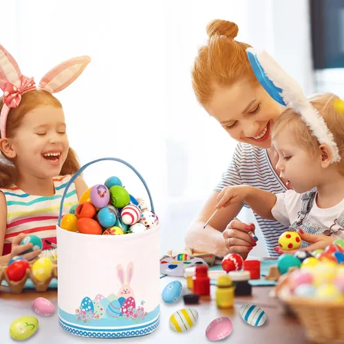 Vista 5 de LessMo - Canasta de conejito para huevos de Pascua, color azul, bonita, personalizable, de lona y algodón, canasta para búsqueda de huevos de Pascua