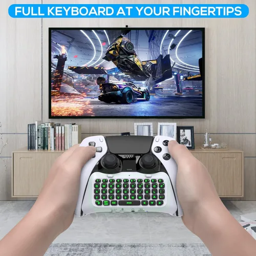 Vista 7 de FYOUNG Teclado para PS5 Edge Controller con retroiluminación verde, Bluetooth 3.0 Mini teclado portátil de mensajes Chatpad, altavoz incorporado