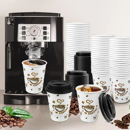 Vista 6 de Ginkgo Tazas de café desechables con tapas, 12 onzas, paquete de 100 unidades, taza de café de papel para llevar para coco caliente, chocolate