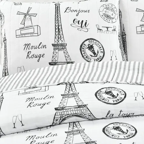 Vista 5 de Lush Decor Paris Bonjour - Juego de edredón reversible de algodón de 3 piezas, tamaño King, color blanco y negro