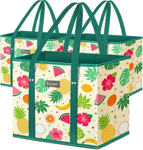 Vista 27 de BALEINE 3 bolsas reutilizables para comestibles, bolsas de compras plegables para comestibles con parte inferior reforzada y asas (mosaico)