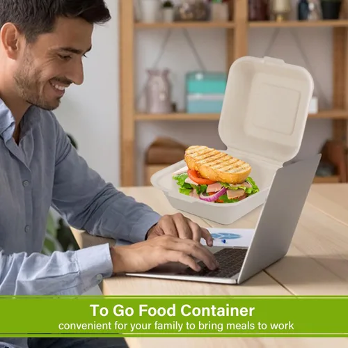 Vista 3 de greensight Contenedor de comida compostable para llevar de 6 x 6, paquete de 100 recipientes desechables de almeja para alimentos, cajas