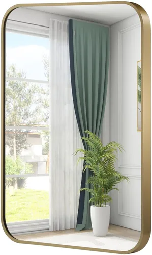 Vista 13 de Espejo de pared negro de 22 x 30 pulgadas para baño, espejo con marco de metal cepillado con esquina redondeada, espejo rectangular de tocador