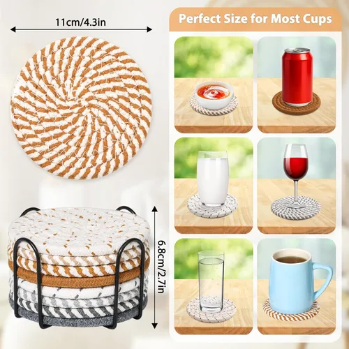 Vista 4 de Mckanti Posavasos de 8 estilos con soporte, posavasos absorbentes para mesa de café, juego de posavasos de algodón minimalista tejido