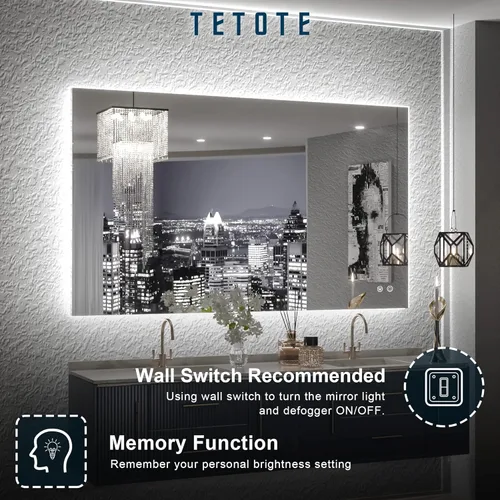 Vista 6 de TETOTE - Espejo retroiluminado para baño con luz, botón táctil regulable y función antivaho (horizontal o vertical)