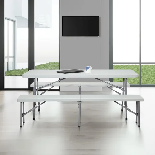 Vista 10 de Muebles de resina Office Star para uso en interiores o exteriores, juego de 3 piezas, 2 bancos plegables y mesa de 6 pies