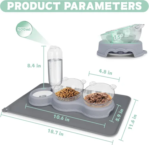 Vista 2 de Cuencos triples para comida y agua, cuencos elevados de plástico para gatos con botella de agua automática y tapete impermeable para gatos y perros