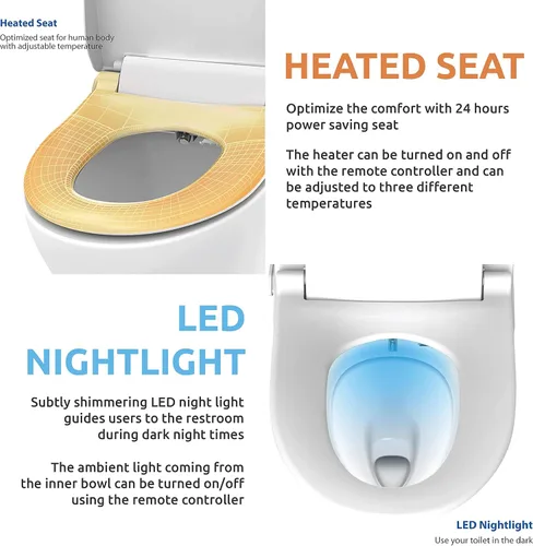 Vista 3 de VOVO VB-6100SR Asiento redondo de inodoro bidé, agua caliente, luz LED, asiento con calefacción, blanco, secadora, boquilla de acero inoxidable
