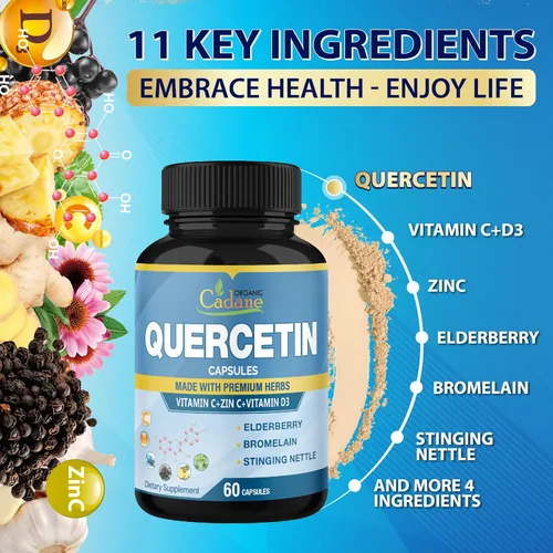 Vista 5 de Organic Cadane 3 paquetes de 60 cápsulas de extracto de quercetina – Apoya el sistema inmunológico – Combinado con saúco, bromelina, jengibre