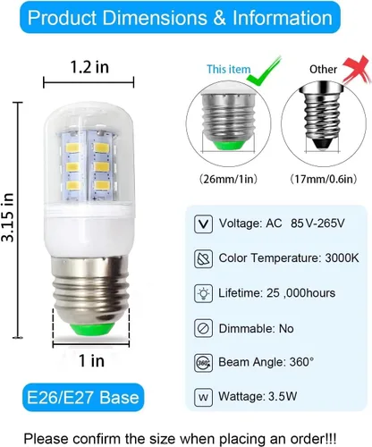 Vista 5 de Bombilla LED E26 para Refrigerador 3.5W, equivalente a 40W, blanco suave 3000K 500LM, vida útil de 25,000 horas, no regulable, ahorro de energía AC