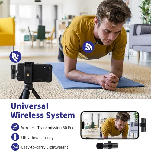 Vista 6 de Paquete de 2 micrófonos inalámbricos Lavalier para iPhone, iPad. Micrófono con clip, micrófonos inalámbricos de sonido cristalino para grabación