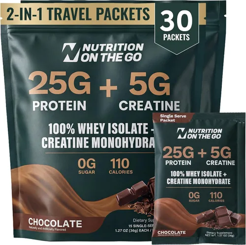 Vista 17 de Paquetes de viaje 2 en 1 con aislamiento de proteína de suero + creatina, chocolate, paquete de 15