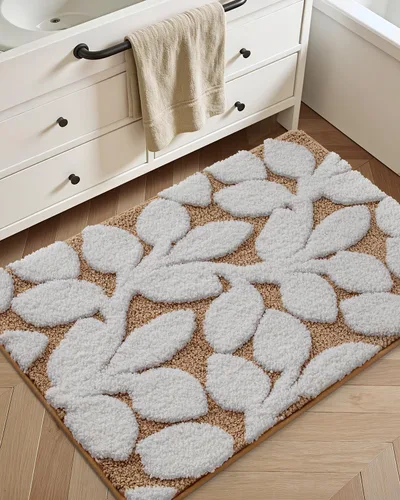Vista 5 de DEXI Alfombras de baño antideslizantes, 16x24 tapete de baño de microfibra lavable de secado rápido, absorbente ultra suave con diseño de hojas