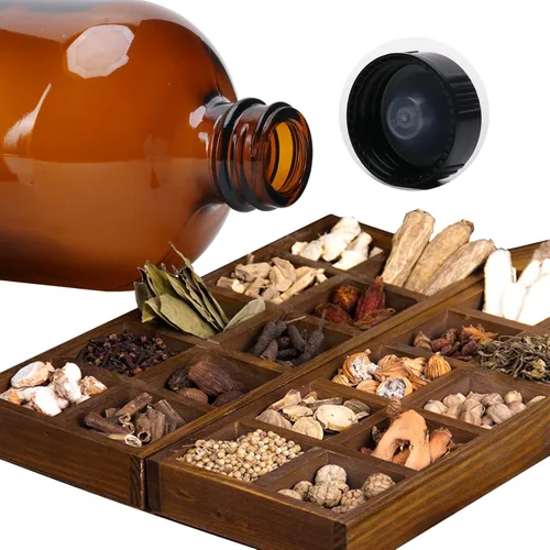 Vista 2 de 2 botellas redondas Boston de vidrio ámbar de 16 onzas con tapas de cono de poli fenólico con sello hermético. Contenedores de vidrio perfectos