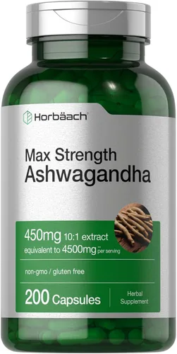 Horbäach Suplemento Ashwagandha para mujeres y hombres | 200 cápsulas | Extracto de raíz de hierba de máxima fuerza | con extracto de pimienta negra
