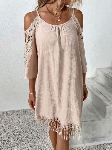 Vista 5 de WDIRARA Vestido corto de encaje con hombros descubiertos y cuello redondo, dobladillo con flecos para mujer