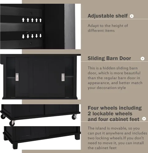 Vista 107 de P PURLOVE Carrito de isla de cocina con parte superior de madera y ruedas de bloqueo, carrito móvil de isla de cocina con armario de 4 puertas