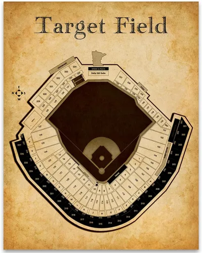 Vista 6 de Target Field Seating Chart - Minneapolis Baseball Stadium 11x14 Framed Print Poster - Vintage Blueprint Old Parchment-Like Look, Retro Sports