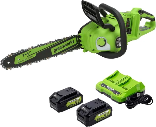 Greenworks Motosierra inalámbrica sin escobillas de 48 V (24 V x 2) de 14 pulgadas (ideal para tala de árboles, ramas, poda y leña/más de 125