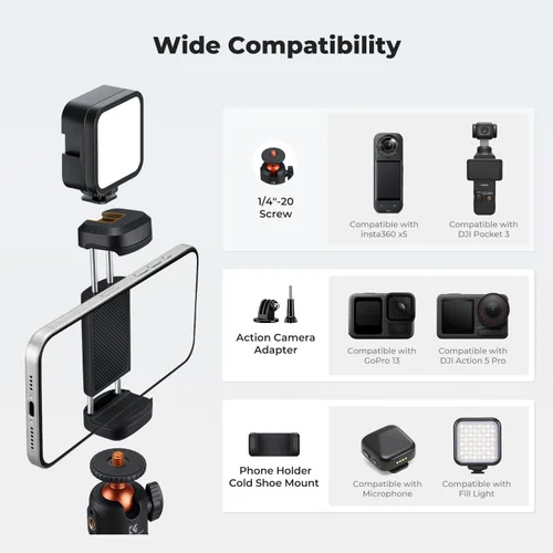 Vista 4 de K&F CONCEPT Mini trípode para selfie stick de 25.6 pulgadas, trípode de bolsillo con cabeza de bola de 360° de 5 niveles con zapata fría, trípode