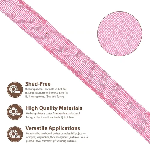 Vista 3 de Mandala Crafts Cinta de arpillera rosa con alambre de 1 pulgada de ancho para manualidades, rollo de 10 yardas de cinta rústica de arpillera