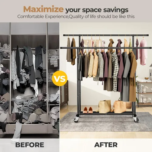 Vista 6 de Abiglifty Perchero de doble barra para colgar ropa, perchero con ruedas, organizador portátil de armario para lavandería, habitación (negro)