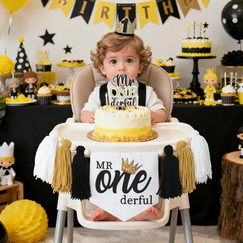 Vista 4 de Decoraciones de fiesta de primer cumpleaños de Mr Onederful para bebé Mr Onederful Bandera para silla alta Corona Topper de pastel Decoraciones