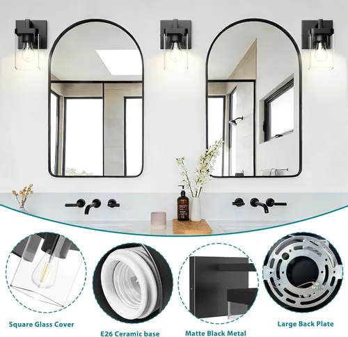 Vista 3 de Juego de 2 apliques de pared, diseño cuadrado, accesorios de iluminación de baño con pantalla de vidrio transparente, luces de pared negras mate
