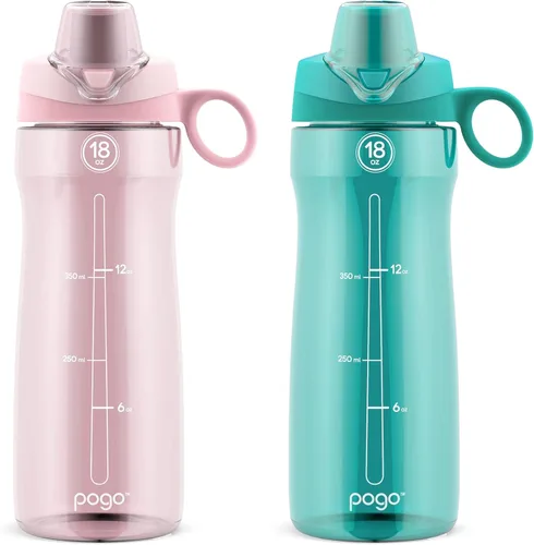 Pogo 2-Pack Plastic Water Bottle with Carry Handle, Reusable, BPA Free, Dishwasher Safe, Perfect for Travel, School, Outdoors, and Gym | 18oz, 32oz
