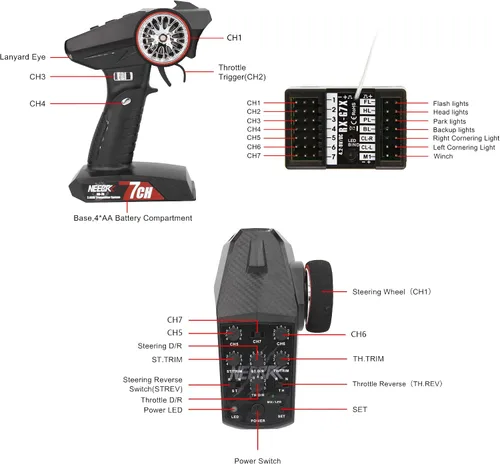 Vista 6 de Transmisor RC de 7 canales con receptor, sistema de control de luz integrado y juego de 12 luces LED, control remoto de radio de 2.4 GHz para auto a