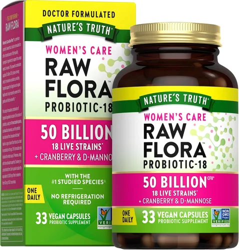 Raw Flora Probióticos para mujeres | 50 mil millones de UFC | 33 cápsulas | con arándano y D-manosa | Suplemento vegano, sin OMG y sin gluten
