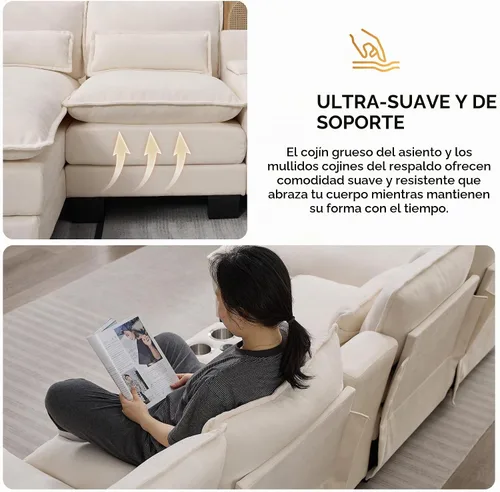 Vista 5 de Sofá modular en forma de U de 125 pulgadas con tumbonas, cómodo sofá modular tapizado de felpilla con consola de almacenamiento, puertos de carga