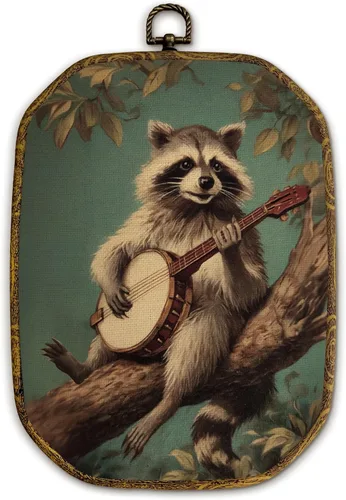 Yjeslw Decoración de pared octágono de mapache vintage, impresión de lienzo enmarcado con diseño de banjo de basura, rústico, retro, estilo rural,