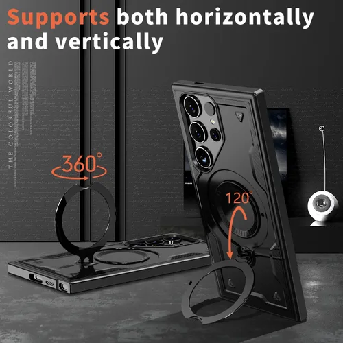 Vista 2 de Funda para Samsung S25 Ultra, ShockArmor de grado militar, soporte, red mag, delgada, resistente a los arañazos, recortes precisos, agarre Negro