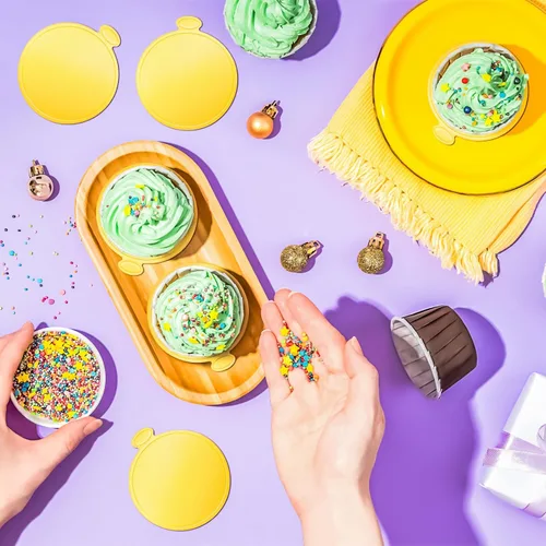 Vista 6 de MotBach 50 piezas de mini tablas de pastel, 8,9 cm, doradas, redondas, base circular de cartón para pastel, mini tabla circular de postre, pequeñas