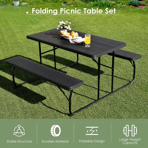 Vista 5 de S AFSTAR Juego de mesa de picnic plegable, mesa de picnic plegable con 2 bancos, mesa y banco para exteriores con marco de acero y mesa de textura
