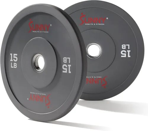 Sunny Health & Fitness Elite 2-Inch Rubber Olympic Bumper Weight Plate 10-55 LB with Steel Hub for Home Gym, Squat Rack, Strength Training, Barbell,