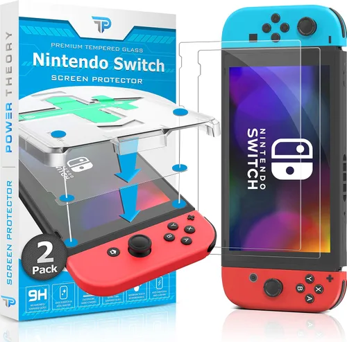 Power Theory Designed for Nintendo Switch 6.2" Screen Protector Tempered Glass 9H Hardness, Easy Install Kit, 99% HD Bubble Free Clear, Case