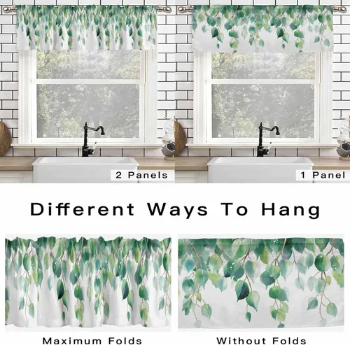 Vista 5 de Cenefas botánicas de acuarela para ventanas de cocina, cenefa de cortina de hojas verdes, cortinas cortas de rama de plantas con bolsillo