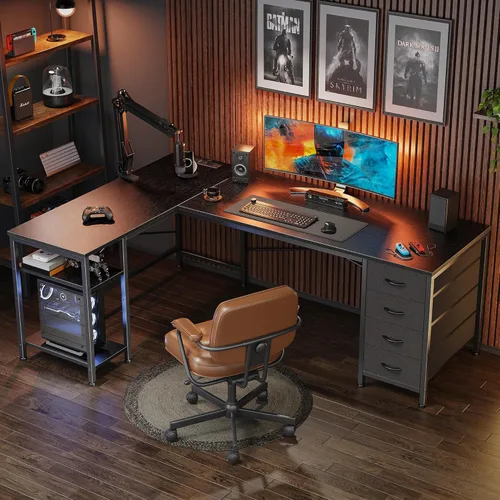 Vista 4 de Huuger Escritorio en forma de L de 55 pulgadas con cajones de tela, escritorio reversible para juegos para computadora con tomas de corriente