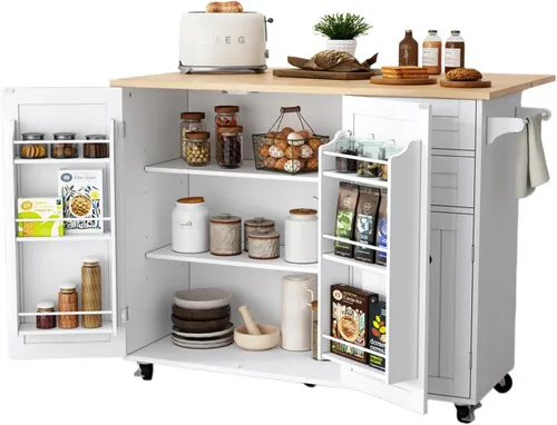 Vista 8 de HLR Isla de cocina con almacenamiento, isla de cocina negra rodante sobre ruedas con encimera de barra con hoja abatible, mesa de isla para cocina