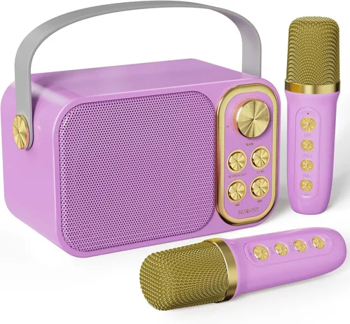 Vista 8 de Mini máquina de karaoke para niños con 2 micrófonos inalámbricos, altavoz Bluetooth portátil, máquina de karaoke para niños para cantar en cualquier