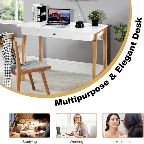 Vista 17 de COSTWAY Escritorio para computadora de 42 pulgadas con cajón de almacenamiento, moderna mesa de estudio de escritura en casa con patas de madera
