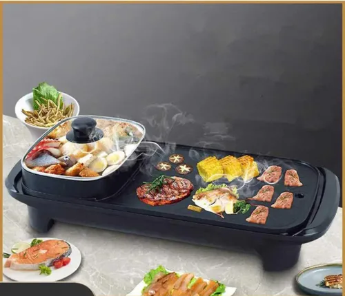 Vista 3 de Parrilla eléctrica 2 en 1 con olla caliente Shabu Shabu. Multifuncional interior Teppanyaki coreano barbacoa capacidad para 2-5 personas