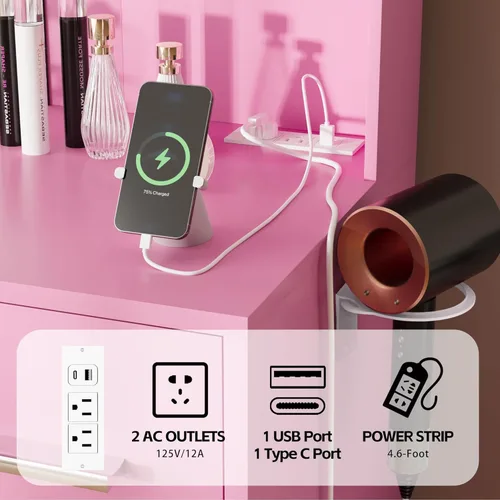 Vista 20 de Furmax Escritorio de tocador con espejo, luces LED y toma de corriente, mesa de tocador de maquillaje con 7 cajones y 6 estantes de almacenamiento