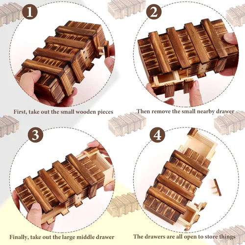 Vista 4 de Caja de rompecabezas de madera con compartimento oculto 3D, cajones mágicos, caja mágica secreta, caja de madera para rompecabezas, caja