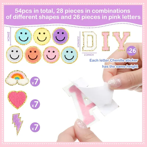 Vista 2 de Geosar 54 parches de letras de felpilla autoadhesivas de 2.17 pulgadas, parches rosados para planchar con calcomanías bordadas para ropa, mochila