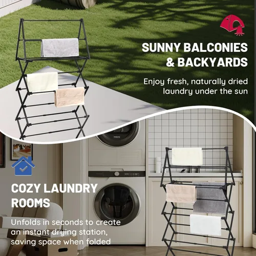 Vista 5 de Escurridor de ropa plegable de 4 niveles Estante de secado de ropa plegable Estante de secado de ropa plegable para lavandería, dormitorio, Negro